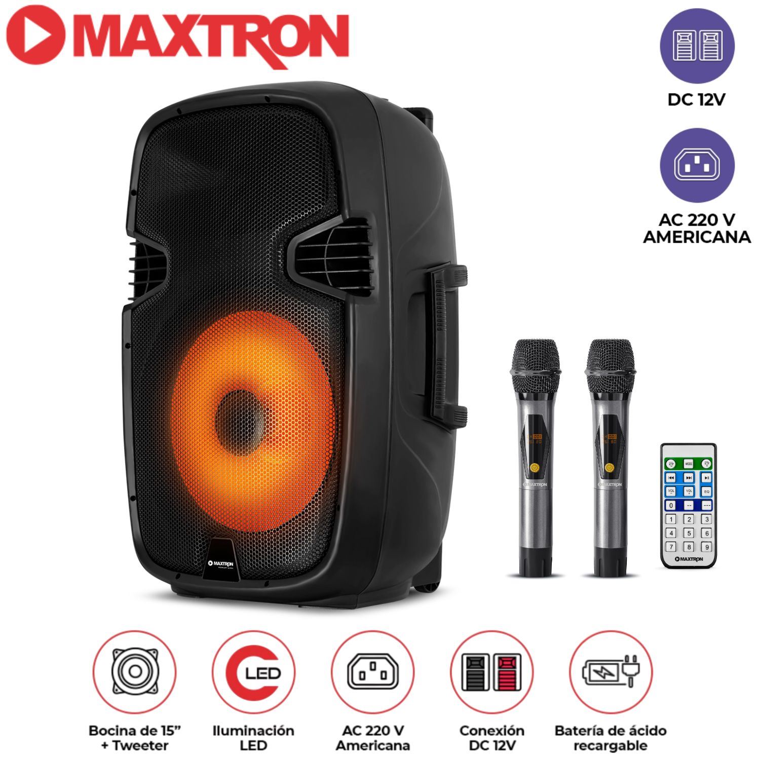Parlante Portatil Maxtron MX1550V Full Fiesta 15" USB BT TWS  2 micrófonos inalámbricos